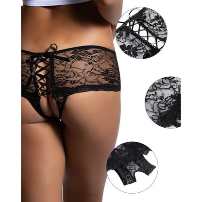 QUEEN LINGERIE - CALCINHA DE RENDA FLORAL COM ABERTURA NAS COSTAS S/M